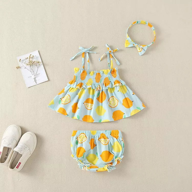 3 Pc Baby Girl Lemon Print Smock Top & Shorts