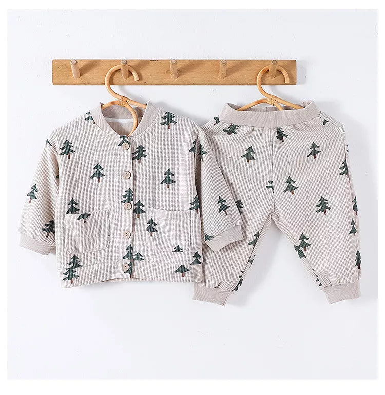 2 Pc Unisex Baby Waffle Print Button Shirt & Pants