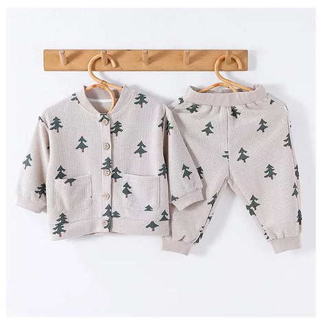 2 Pc Unisex Baby Waffle Print Button Shirt & Pants