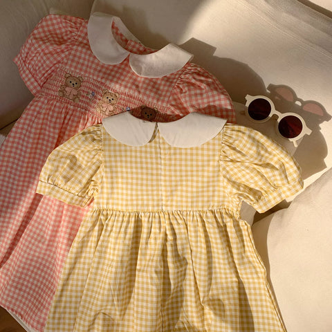 Girls Gingham Smocked Bodice Bear Collar Dress