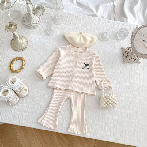 2 Pc Baby Girl Ribbed Knit Cardigan & Flare Pants Set