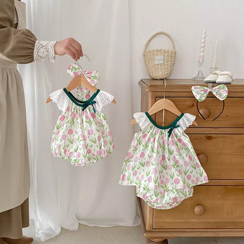 2 Pc Girls Tulip Print Dress/Bodysuit with Headband