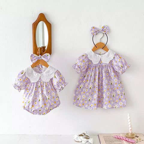 2 Pc Girls Bubble Sleeve Daisy Print Bodysuit/Dress