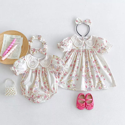 2 Pc Girls Pink Floral Print Bodysuit/Dress