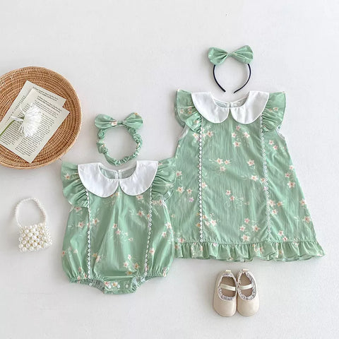 2 Pc Girls Mint Floral Collar Bodysuit/Dress