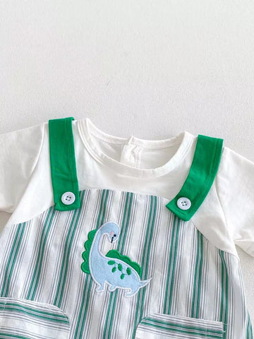 2 pc Baby Boy Stripe Dinosaur Overalls & Tee Set