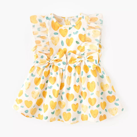 Girls Ruffle Heart Print Cotton Dress