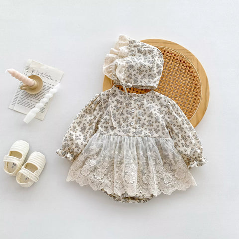Baby Girl Floral Bodysuit Dress with Bonnet
