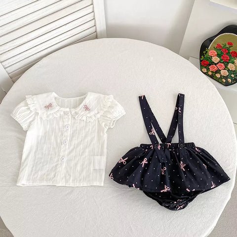 2 Pc Parisian Overall Skirt with Bow Collar Shirt