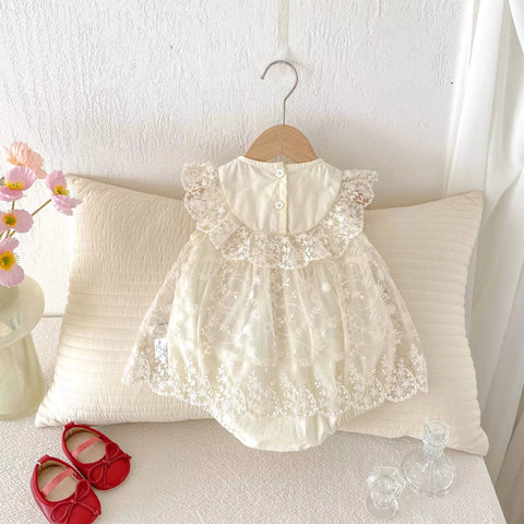 Baby Girl Romantic Lace Sheer Red Bow Dress