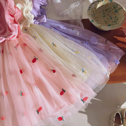 Girls Mesh Skirt Flower Ruffle Sleeve Dress