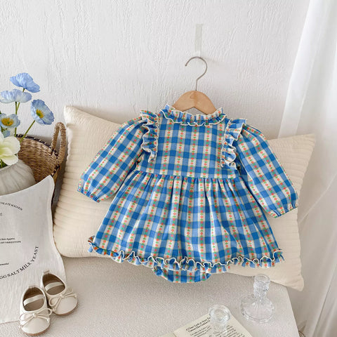 Baby Girl Blue Gingham Plaid Country Style Dress