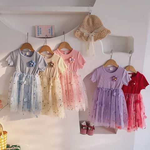 Girls Mesh Skirt Flower Tee Shirt Dress