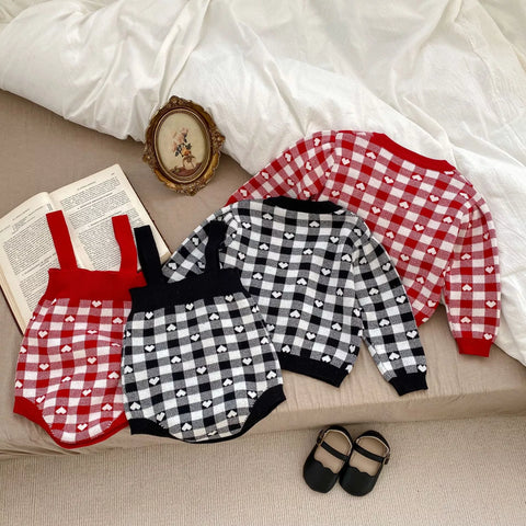 2 Pc Baby Girl Hearts Blocks Knit Cardigan & Bodysuit Set