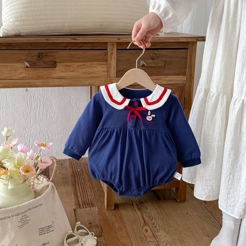 Baby Girls Bunny Ear Collar Color Block Ribbon Dress