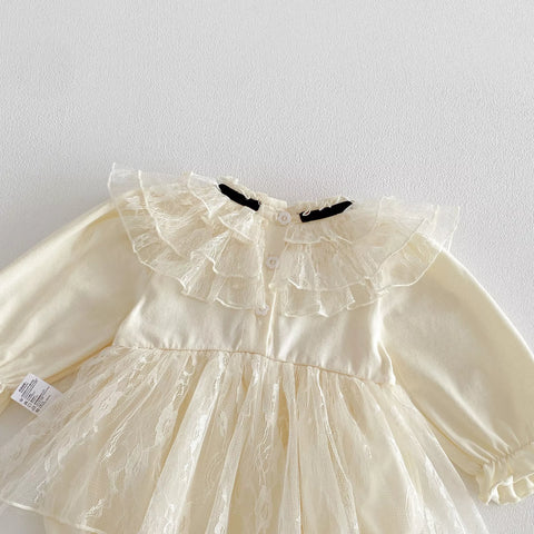 Baby Girl Romantic Lace Contrast Ribbon Bow Tie Dress