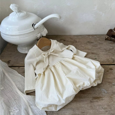 2 Pc Baby Girl Ribbed Cardigan & Bubble Hem Dress