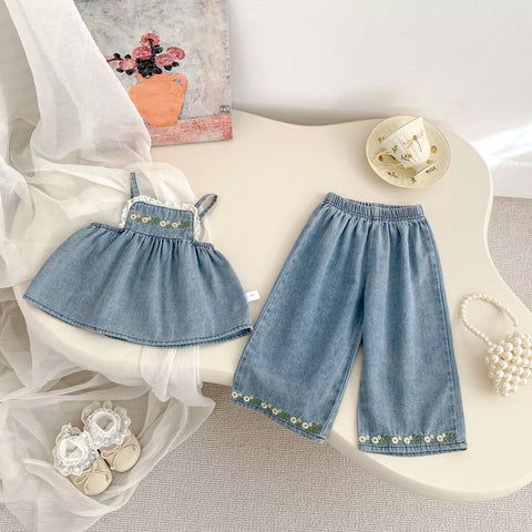 2 Pc Flower Embroidery Denim Top & Wide Leg Set