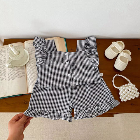 Girls Ruffle Gingham Shirt & Shorts Set