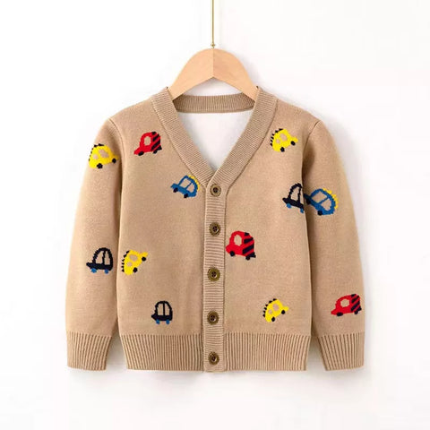 Boys Cars Print Button Up Cardigan Sweater