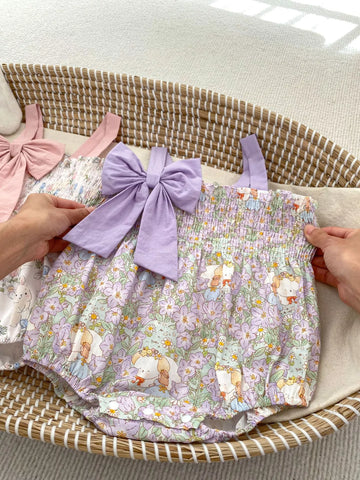 Baby Girl Spring Print Smocked Bow Bodysuit