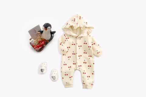 Baby Girl Cherry Print Ruffle Hooded Romper