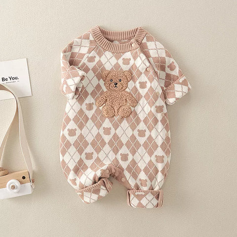 Baby Boy Argyle Print Bear Patch Romper