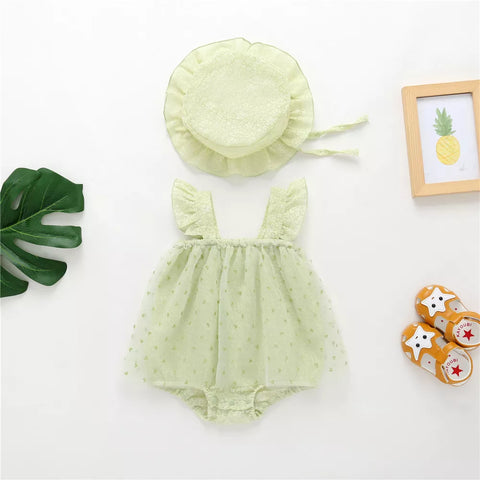 2 pc Baby Girl Sheer Flocked Hearts Bodysuit Dress w/ Hat