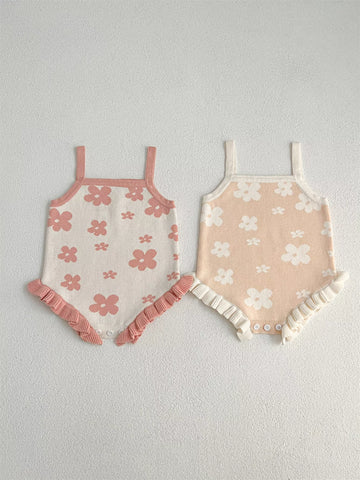 Baby Girl Flower Print Knit Ruffle Hem Bodysuit