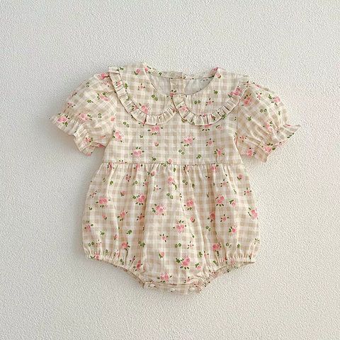 Girls Floral Peter Pan Flower Gingham Bodysuit Dress