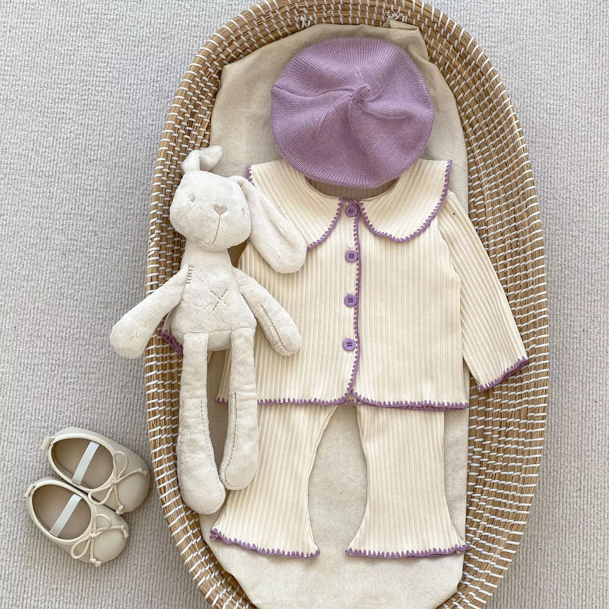 2 Pc Girls Ribbed Coverstitch Cardigan Set