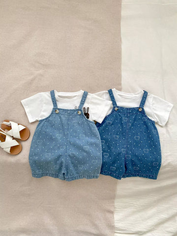 Unisex Bear Polka Dot Denim Shorts Overalls