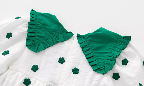 Girls V Collar Green Flower Ruffle Dress