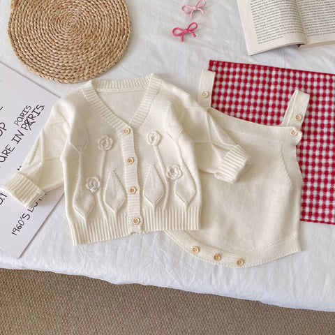 2 Pc Baby Girl Flower & Leaf Cardigan Bodysuit Set