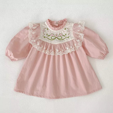 Girls Floral Embroidery Bib Bodysuit Dress