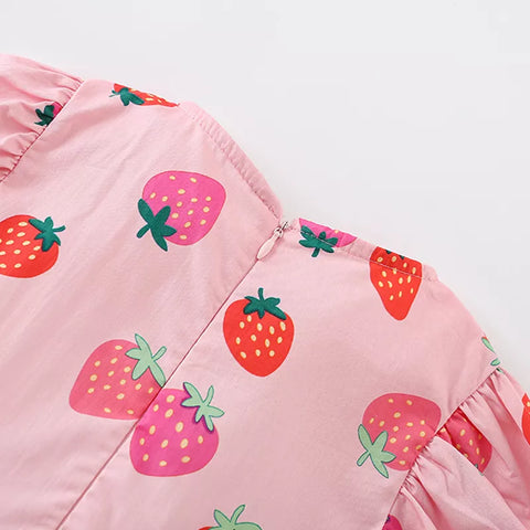 Girls Strawberry Print Tiered Dress