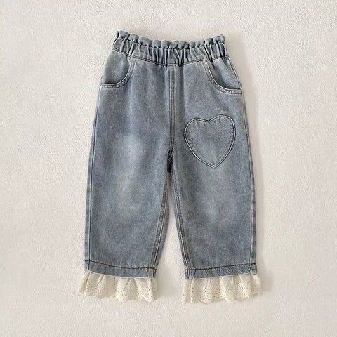 Girls Ruffle Lace Hem Heart Patch Jeans