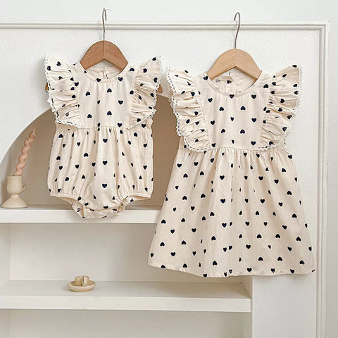 Girls Heart Print Cotton Ruffle Bodysuit Dress