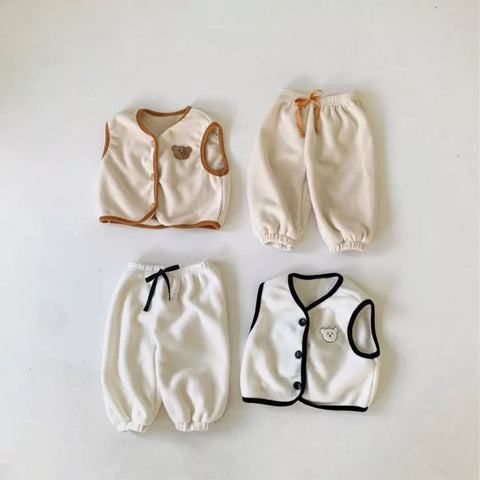 2 Pc Baby Boy Contrast Binding Vest & Pants Fleece Set