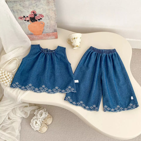 2 Pc Embroidered Hem Tank Top & Shorts Set