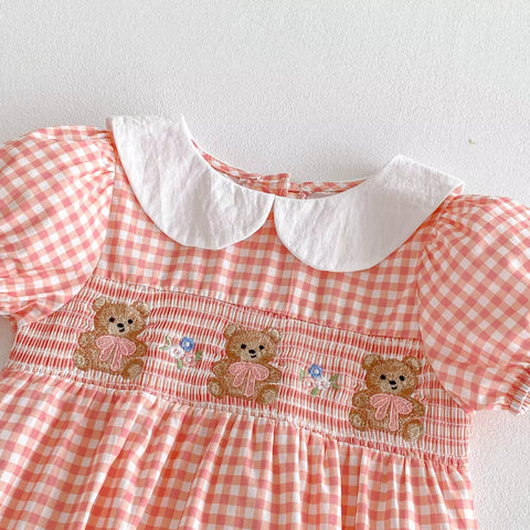 Baby Girl Bear Embroidery Gingham Bodysuit