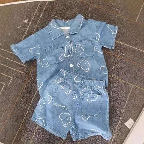 2 pc Baby Boy Bear Print Denim Shirt & Shorts Set