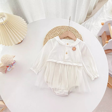 Baby Girl Ribbed Flower Patch Mesh Bodysuit Dress
