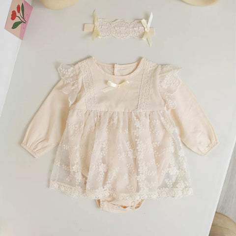 2 Pc Baby Girl Sheer Floral Lace Bodysuit Dress