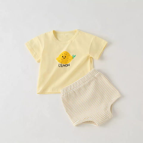 2 Pc Baby Girl Fruit Print Tee & Stripe Shorts Set
