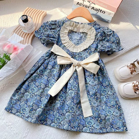 Girls Heart Cutout Back Tapestry Print Dress