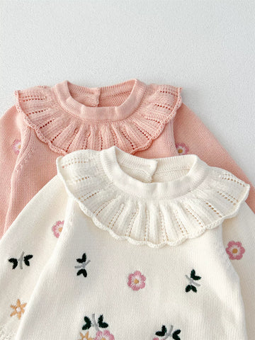 Baby Girl Flower Embroidery Knit Bodysuit
