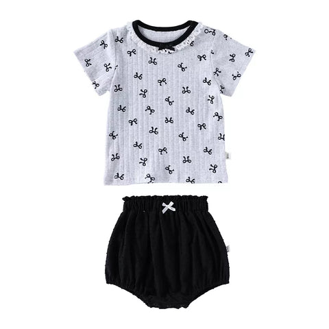 2 Pc Baby Girl Bow Print Tee & Bloomer Shorts Set