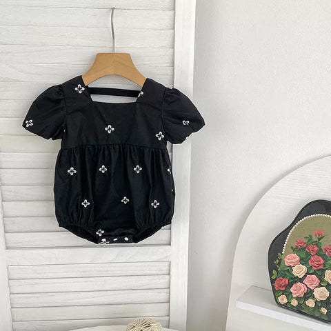 Girls Clover Embroidery Bubble Sleeve Bodysuit Dress