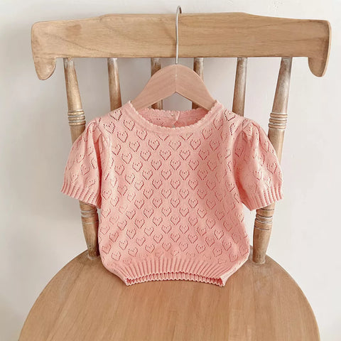 Baby Girl Pointelle Heart Short Sleeve Pullover